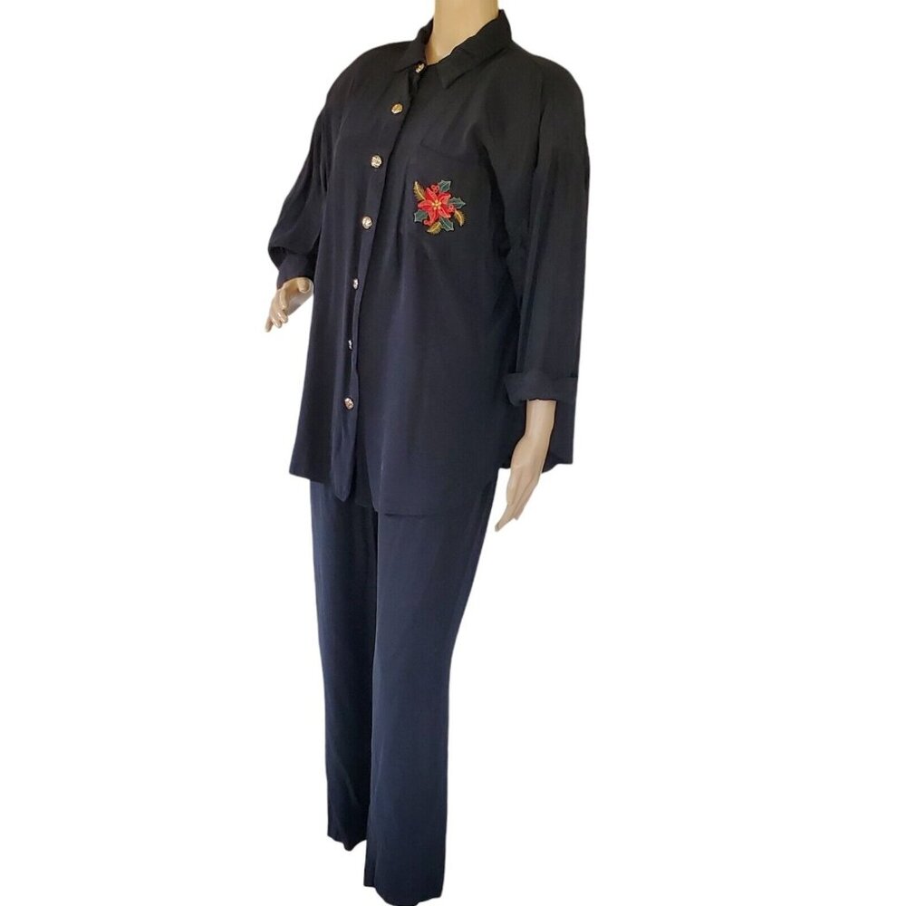 Vintage Tina Barrie 2 Pc Pantsuit Outfit Women's 2X Christmas Holiday Poinsettia